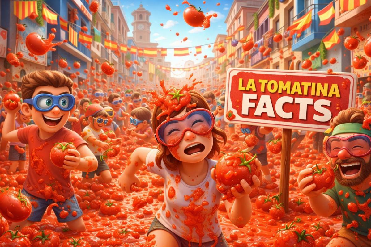 Facts About La Tomatina featuring a Pixar style tomato fight Street Scene