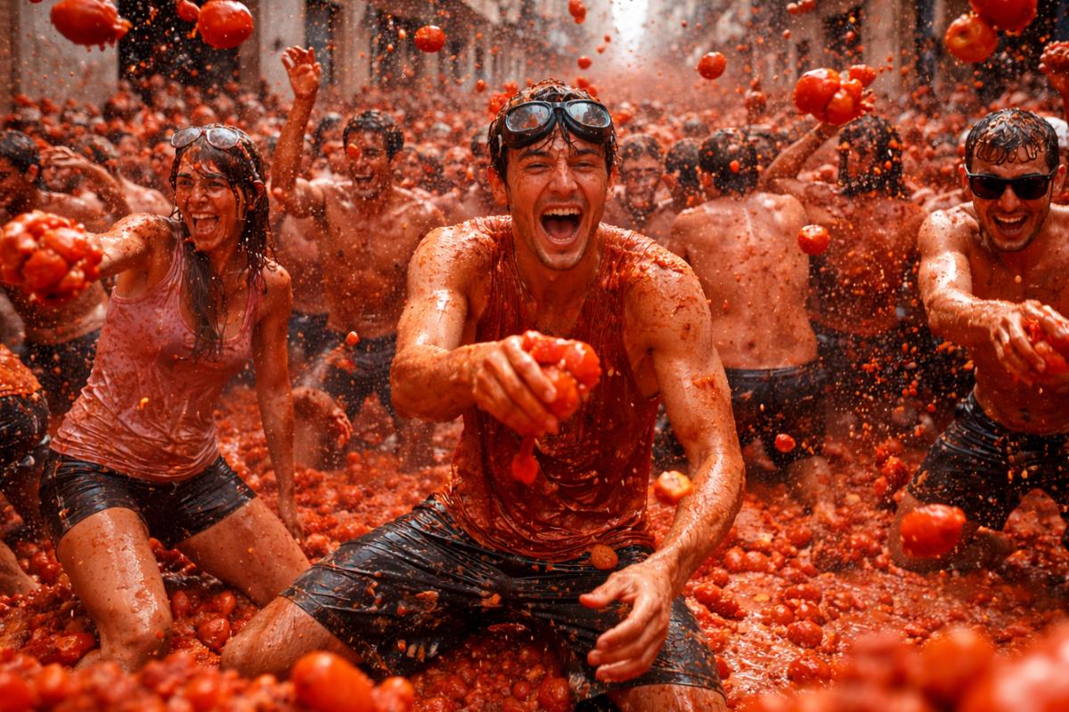Is La Tomatina Safe to attend featuring a street scene of the tomato fight.