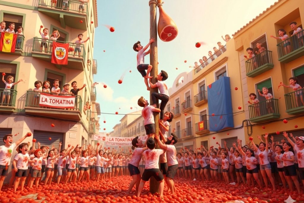 La Tomatina Ham Pole cartoon depiction featuring pixar style characters