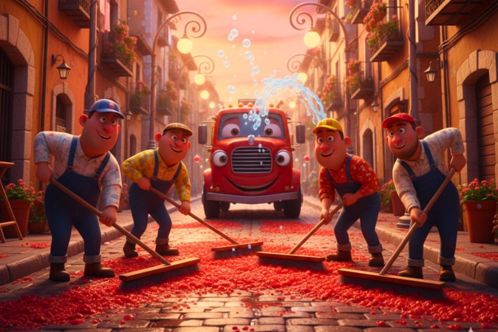 La Tomatina Cleanup as depicted in a Pixar style cartoon image or workers cleaning the streets