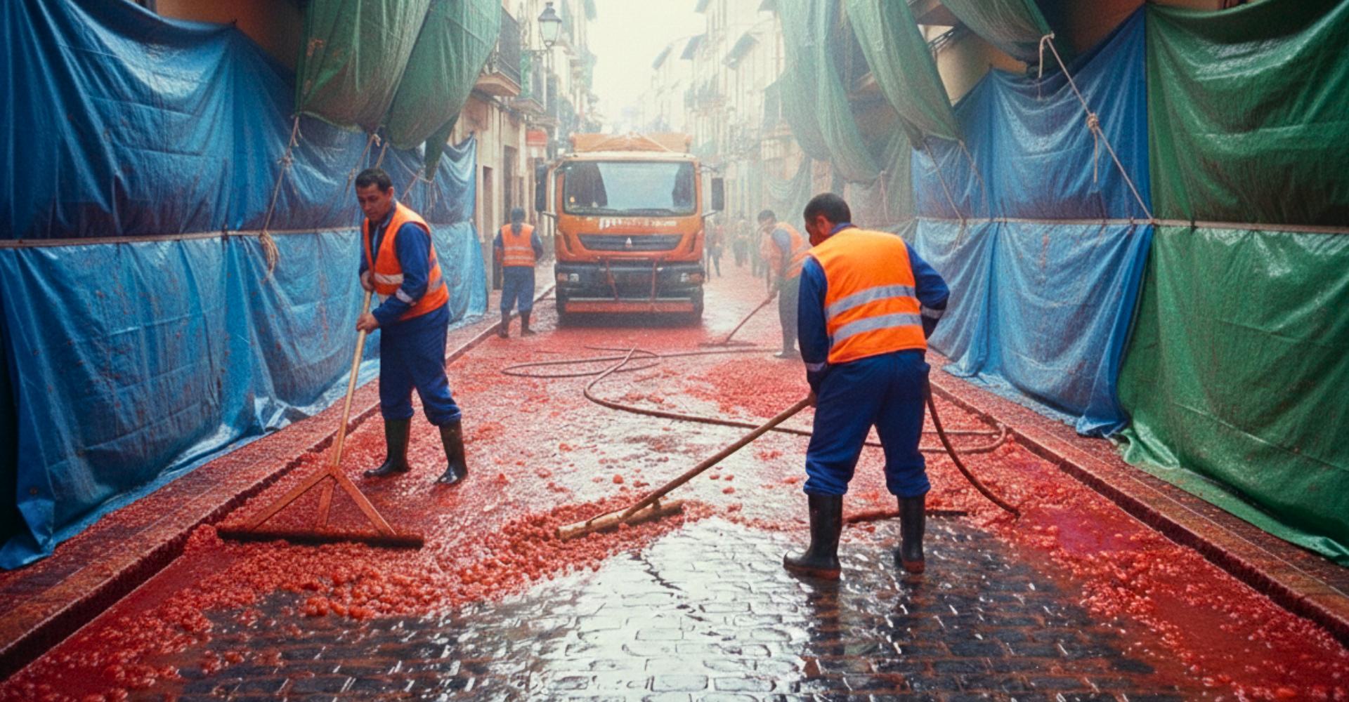 La Tomatina Cleanup featuring council workers cleaning the streets after the tomato fight has finished,